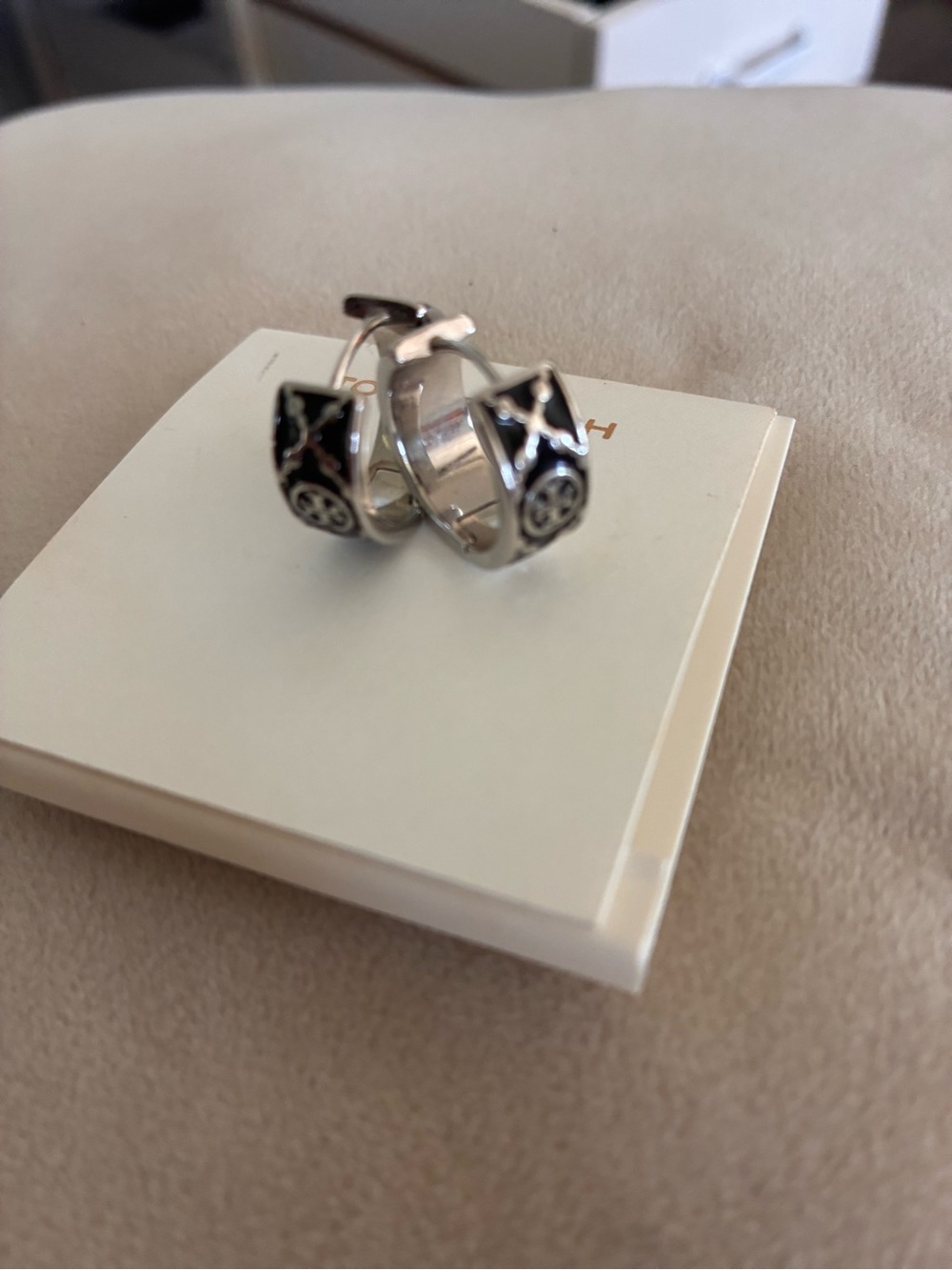 Tory BurchSterling Silver Black Enamel Hoop Earrings